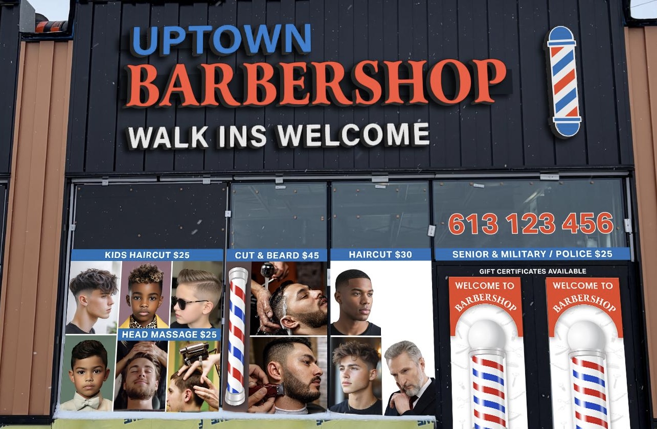 Uptown Barbershop storefront in Nepean, Ontario — Walk-ins Welcome